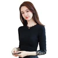 春秋莫代尔打底衫女黑色内搭长袖T恤薄款百搭蕾丝上衣 黑色(薄款) 2XL (120-130斤)