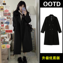 佘曼莱 毛呢大衣女韩版百搭中长款呢子风衣外套女装小个子 黑色夹棉 M