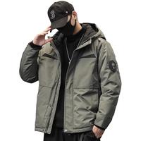 潮天士 冬季保暖短款羽绒服男宽松高端白鸭绒连帽工装外套男休闲大码上衣 绿色 L