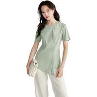 茵曼(INMAN)100%纯棉法式折纸工艺收腰显瘦T恤2024夏女装圆领短袖上衣 茶绿色 S