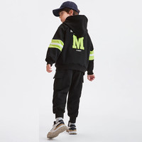 马骑顿 童装冬款款保暖超酷时尚连帽套装两件套 黑色 130