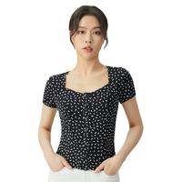 哥弟 超弹丝网纱 U型小方领 印花黑 M码 女士T恤