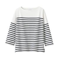 無印良品 MUJI 無印良品  女式 粗棉线 天竺织 一字领 七分袖T恤 BBL05A1S 藏青色条纹 XS-S