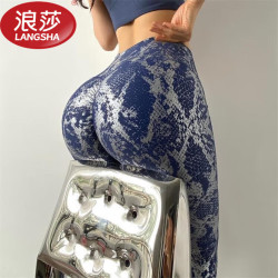 浪莎 秋冬蜜桃提臀运动裤蛇皮纹健身裤高腰瑜伽裤弹力紧身打底裤外穿女 藏青 S建议90-110斤