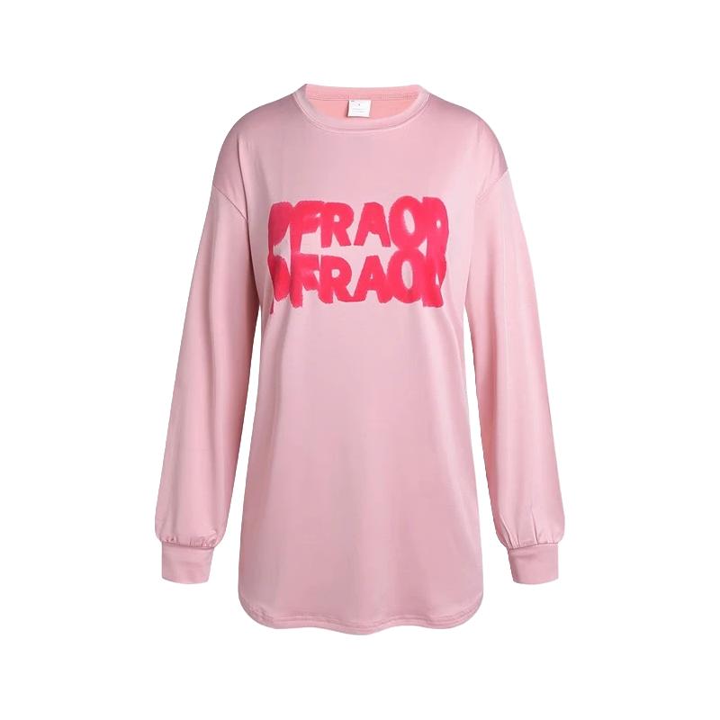 Quinientos显瘦宽松大码胖mm女服瑜伽服上衣速干跑步字母圆领运动T恤衫 粉色(长袖款) S(80-140斤)