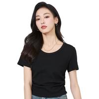 逸阳抽褶收腰圆领t恤女2024夏修身显瘦短袖设计感短上衣3809 黑色 S