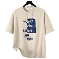 真维斯(JEANSWEST Z+)短袖t恤男纯棉夏季潮流百搭上衣青少年胖子宽松休闲T恤衫 杏(海滩文字蓝) L(110-130斤)