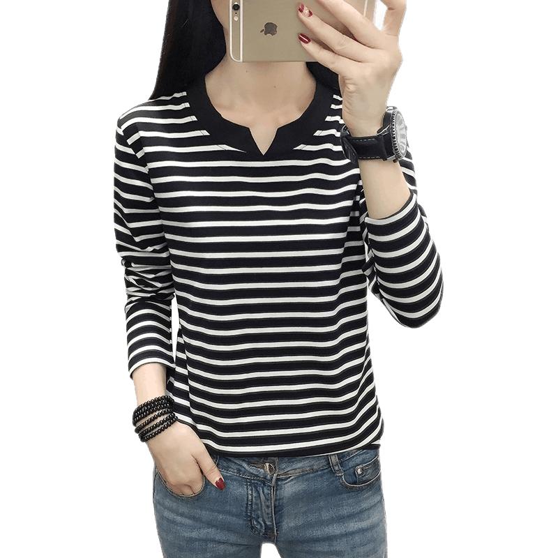 妃丽慕尚（FEILIMUSHANG）宽松百搭长袖T恤女纯棉条纹V领上衣韩版打底衫ins潮 88长袖条纹-白色 L