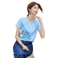 艾路丝婷趣味印花T恤女短袖2024夏季正肩圆领清新浅蓝色上衣