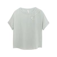 金三塔T恤女真丝桑蚕丝印花短袖圆领女士上衣小衫 浅薄雾蓝色5350 L