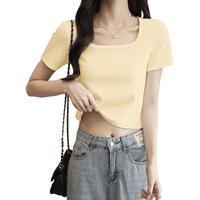 真维斯（JEANSWEST）短袖t恤女士紧身方领短款上衣服女装夏季休闲百搭显瘦打底衫 杏色 一朵红花_K S