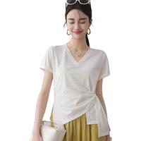 画朴法式白色翻边V领开叉T恤女2024夏季设计感收腰短袖上衣