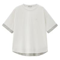 夏季通勤百搭条纹拼接绣花针织宽松圆领短袖T恤女款