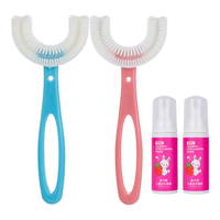 佰萃莱 儿童牙刷U型手动硅胶软毛2-3-6-12岁宝宝婴幼儿小孩牙刷 口含洁牙器 手握套装（粉蓝各1支+2牙膏）