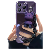 适用苹果14promax手机壳新女款iPhone15紫色小熊手链16/12mini自带镜头膜11高级感xs/xr软透明7plus全包防摔8