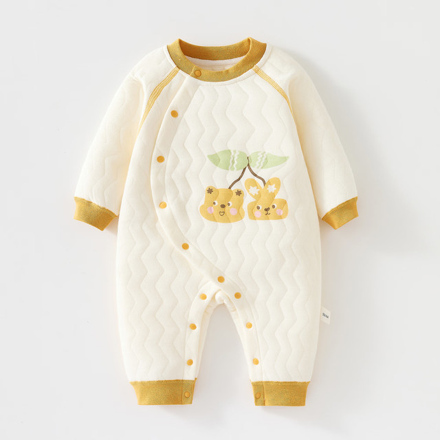 婧麒 婴儿连体衣保暖秋冬装夹棉冬季新生儿衣服宝宝外出哈衣爬爬服 黄色熊兔