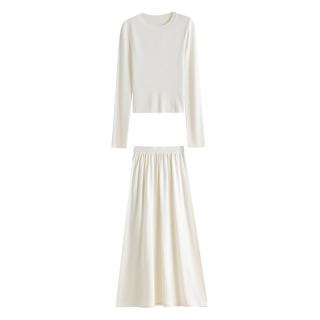 范思蓝恩 秋季慵懒感纯色圆领显瘦长袖针织衫加高腰半身裙套装2024秋装 白色（半身裙） XS