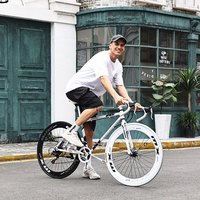 ICOLOUR变速死飞山地自行车男弯把单车公路车赛车实心胎双碟刹成人女中学 减震-蓝粉色24速60刀