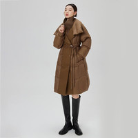 艾莱依风衣羽绒服女设计感针织立领中长款收腰外套 橡木驼 L 165【130-145斤】
