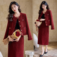 卡荻梵莎时尚休闲套装2025秋季女装小香风毛呢外套半裙两件套 红色 XL