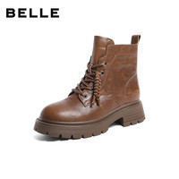 百丽(Belle)复古牛皮抓皱面马丁靴女2025冬短靴E4W1DDD5 棕色-单里 32