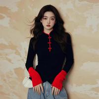 OTHER MIX 女式盘扣针织衫高级感时尚长袖新中式国风上衣气质立领拼色上衣
