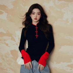 OTHER MIX 女式盘扣针织衫高级感时尚长袖新中式国风上衣气质立领拼色上衣