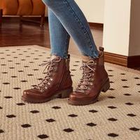 PIKOLINOS 派高雁 海外同款冬轻奢擦色牛皮中粗跟系带拼色马丁靴女靴