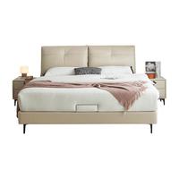 双虎皮艺双人床现代轻奢主卧大床头层牛皮实木软包奶油风真皮床702 【静音版】床+床头柜*1 【头层牛皮A流沙白】1.5*2.0米