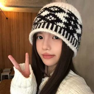 勋阳宇乐秋冬保暖毛线帽手工织镂空包头帽女民族风流苏护耳套头针织帽子 复古菱形【米色】