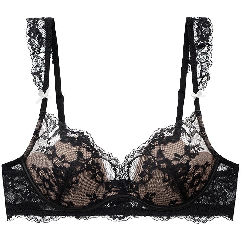 好奇蜜斯蕾丝法式内衣女无钢圈文胸罩套装黑大胸显小性感防下垂薄