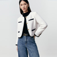 太平鸟女装冬季时髦简约小香风通勤冬圆领短大衣A1AAD4150 白色 S