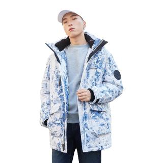 美特斯邦威羽绒服男冬季满印宽松连帽中长工装羽绒服