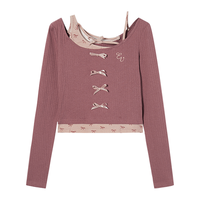 长袖T恤女春季假两件拼接短款不对称肩带蝴蝶结上衣