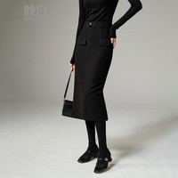 晚白2025冬款时尚毛呢半裙百搭纯色包臀通勤半身裙 黑色 S