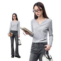 真维斯小V领紧短款正肩身长袖T恤女2024年春秋季时尚简约气质上衣 麻灰-纯色 M