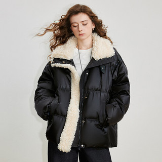初语羽绒服女2025冬季毛毛拼接立领90白鸭绒轻奢感保暖外套 黑色 S