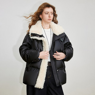 初语羽绒服女2025冬季毛毛拼接立领90白鸭绒轻奢感保暖外套 黑色 S