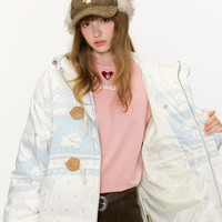 古由卡 潮牌小羊满印冬季羽绒服女90白鸭绒 加厚费尔岛连帽外套落肩