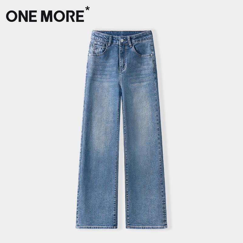 one more文墨阔腿牛仔裤女秋冬季2025小个子加绒厚直筒裤子Y