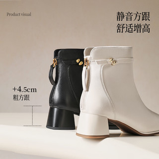 百丽（Belle）气质羊皮时装靴女2025冬高跟通勤优雅短靴3LI44DD5 米白色-单里 37