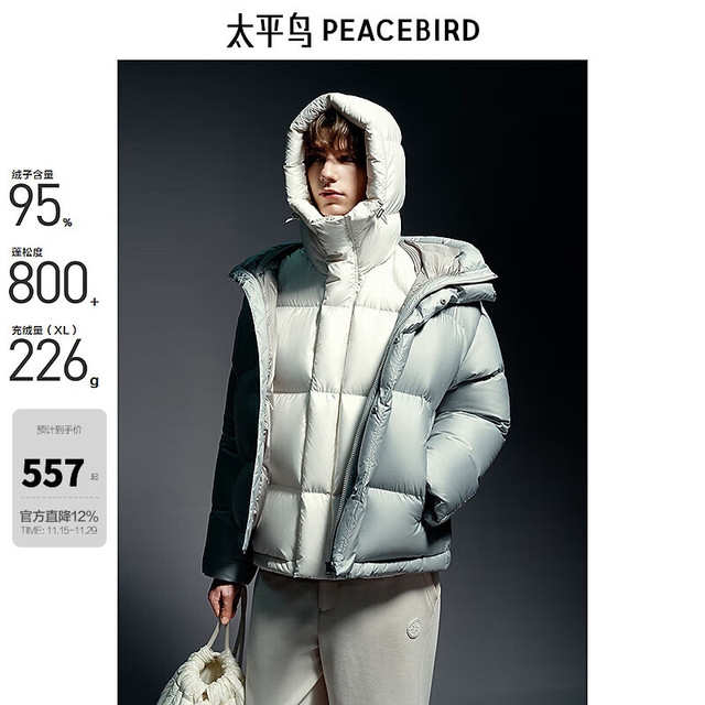 保暖服饰、今日必买：PEACEBIRD 太平鸟 【800+高蓬】95%进口鸭绒连帽羽绒服 充绒量216g B1ACE4304