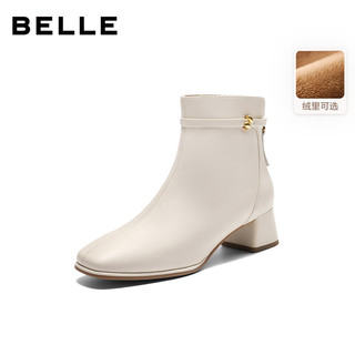 百丽（Belle）气质羊皮时装靴女2025冬高跟通勤优雅短靴3LI44DD5 米白色-绒里 34