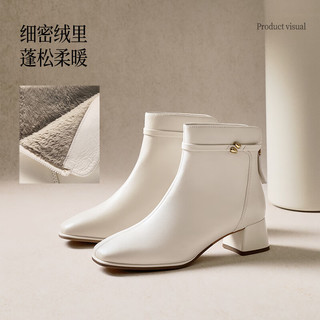 百丽（Belle）气质羊皮时装靴女2025冬高跟通勤优雅短靴3LI44DD5 米白色-绒里 34