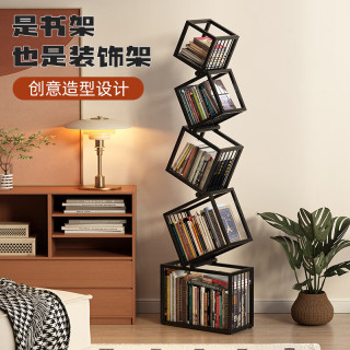 爵越创意转角书架落地置物架铁艺异形展示架客厅书柜书架一体靠墙 两层方格-黑色(55*25*90cm）【图二款】