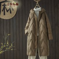 子牧棉麻冬装 女韩版百搭棉服宽松加厚连帽长款过膝保暖棉衣外套6901 咖色 L(115-125斤)