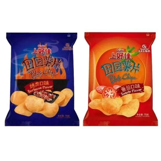 上好佳 田园薯片70g甜辣味薯片番茄烤肉香辣整箱休闲批发膨化零食