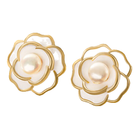 安铂洛利 山茶花耳钉小众感耳环气质珍珠耳饰周年 金色