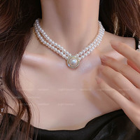 长彩施家轻奢珍珠项链女2024小米珠颈链小众叠戴感锁 双层珍珠项链