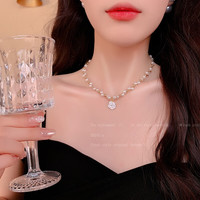 长彩施家轻奢珍珠项链女2024小米珠颈链小众叠戴感锁 拼接珍珠山茶花项链